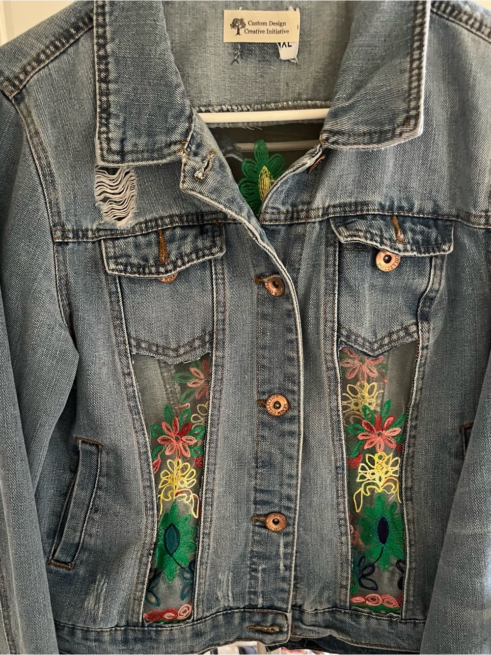 Women's Blue Denim Jacket with Floral Embroidery
